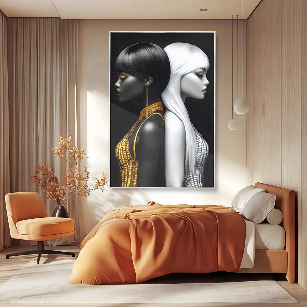 Tablou canvas cu tablou canvas cu doua fete in contrast, in rama de aluminiu argintiu, pe perete intr-un dormitor